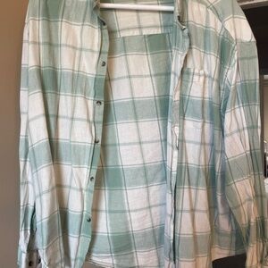 Green and White Plaid Button-Up Shirt